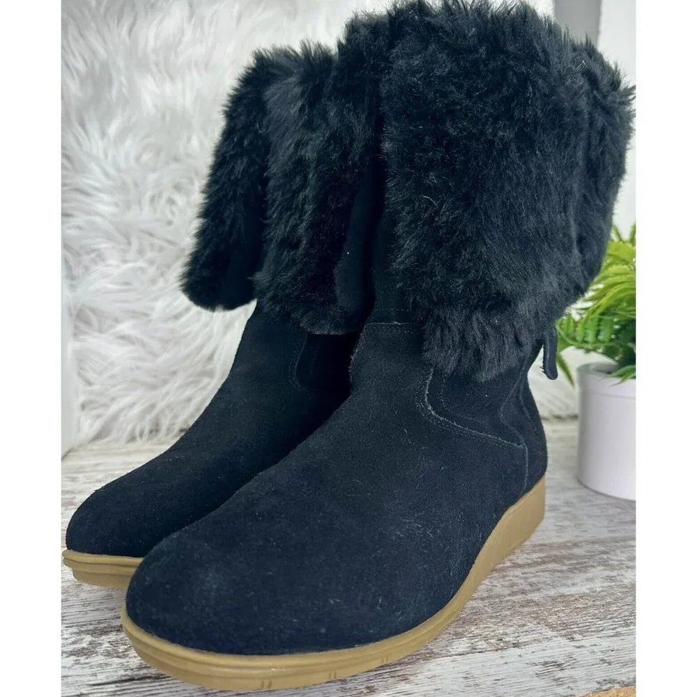 LANDS' END Mendota Snow Boot Women's Size 7.5 Black Suede Faux Fur PullOn 420483